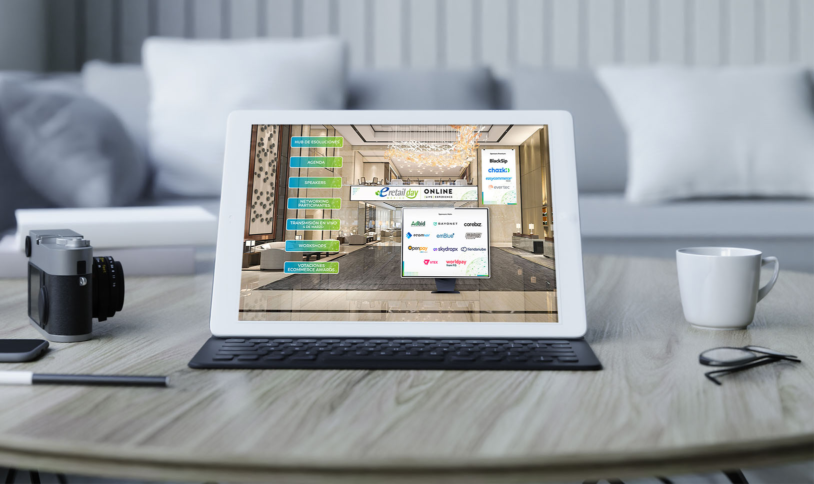 Tablet computer on table PSD Mockup